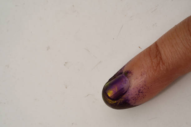 Closeup shot of Little finger with blue ink marks. As proof of having participated in the general election, every citizen is required to dip their finger in ink. Politics and democracy. Isolated on white