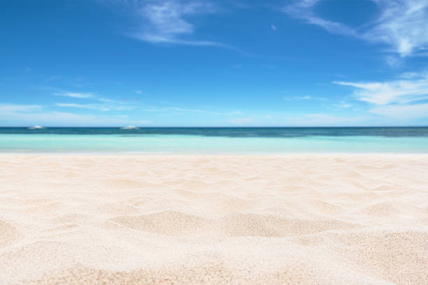 istock Empty tropical sand beach with turquoise sea and sunny blue sky background 2190769287