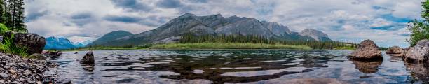 Panoramic mountain lake with rocky shores.