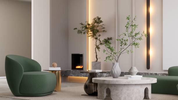 istock A modern living space with green chairs, a stone table, decorative plants, and soft lighting, creating a cozy and inviting atmosphere. 3D rendering 2190777114