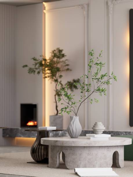 A modern, minimalist living space with stone coffee table, decorative plants, and a cozy fireplace ambiance. 3D rendering