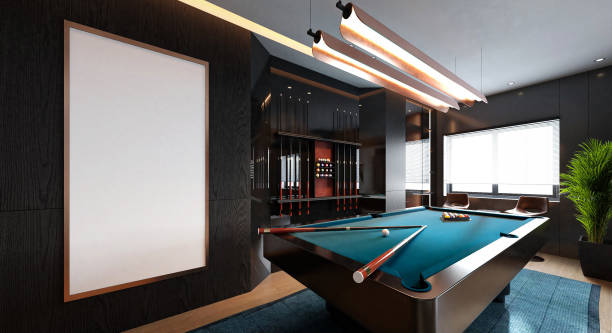 istock A modern game room with a sleek pool table, stylish lighting, and comfortable seating, perfect for entertaining and relaxation. 3D rendering 2190777184
