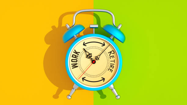 istock Time to Work or Retire: Transition of Life Stages Represented on a Clock Face – 3D Rendering 2190777819