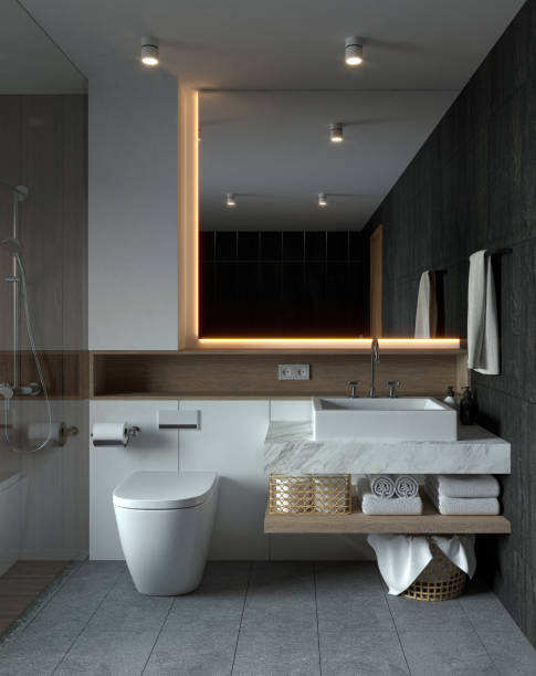 istock A modern bathroom with sleek fixtures, ambient lighting, and clean lines, creating a minimalist yet functional space. 3D rendering 2190779775