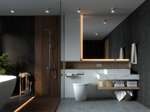 istock A modern, stylish bathroom, elegant basin, illuminated mirror, and sleek storage solutions, creating a serene and functional space. 3D rendering 2190779811