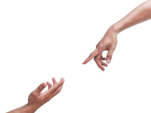 istock Hands pointing fingers together isolated on white background. Helping hands concept. 2190781016