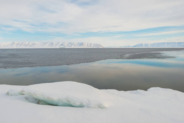 Snow blankets the ground while icy waters stretch towards distant mountains. The crisp air and serenity of the winter scene evoke tranquility, showcasing nature's beauty.