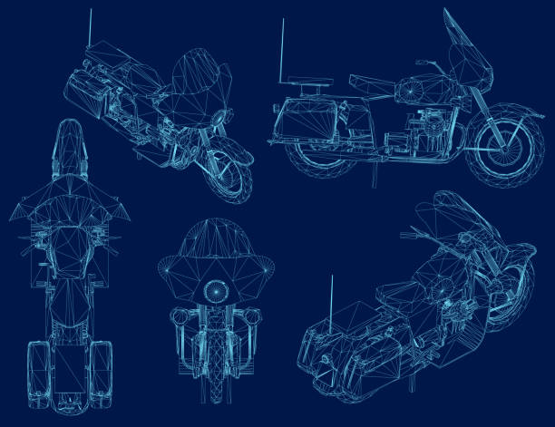 istock Motorcycles wireframe vector set. Sport bikes choppers road two wheel motor fast vehicle illustration isolated on blue background 2190793554