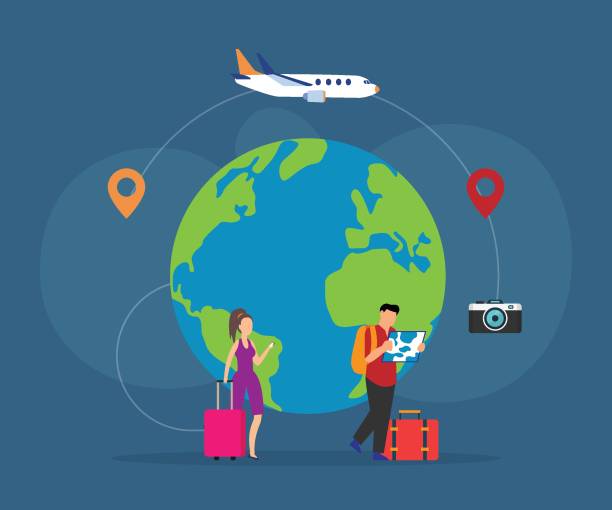 istock Global Travel Concept with Tourists, Airplane, and Globe 2d flat vector illustrations 2190797240