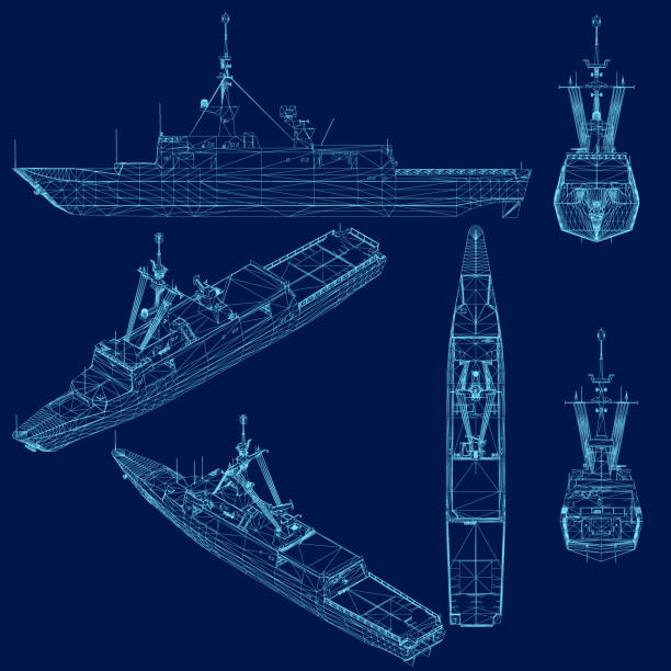 stockillustraties, clipart, cartoons en iconen met set with modern war ship wireframe vector on blue background. - onderzeeër