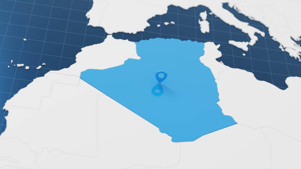 Blue Algeria 3d map with pointer pin surrounded with other countries in white. Europe political map with borders. 3d render illustration.