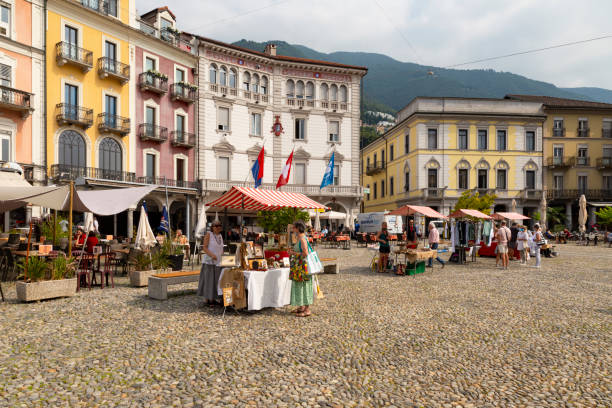 Switzerland, Locarno, 16. June 21. Market stands on the piazza grande in Locarno