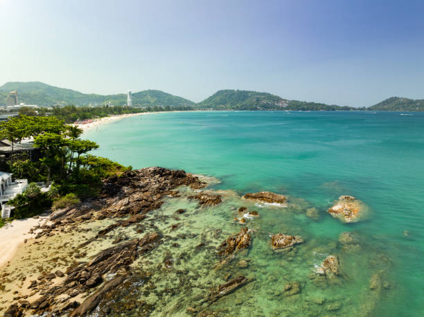 istock Bird eye view seashore with wave crashing on rock cliff, Beautiful sea surface in sunny day summer background, Amazing seacoast landscape view 2190807027