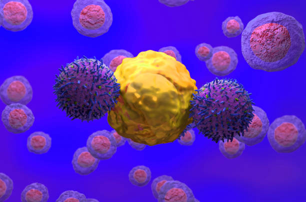 CAR T-cells attack cancer cell - isometric view 3d illustration stock photo