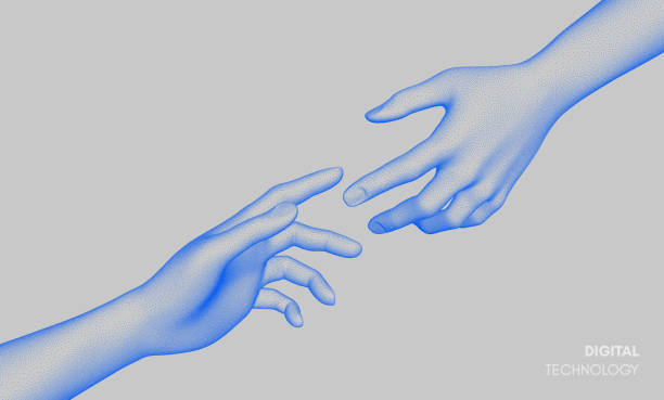 stockillustraties, clipart, cartoons en iconen met hands reaching towards each other. concept of human relation, togetherness or partnership. 3d vector illustration. design for banner, flyer, poster, cover or brochure. - reiken