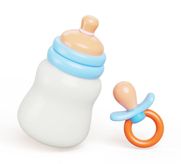 3d baby bottle and pacifier cartoon render icon. Blue plastic container with rubber nipple for feeding newborns, silicone dummy. Children care accessories isolated on white background. 3D illustration