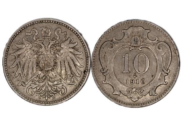 istock Austrian 1910 10 Heller coin with intricate engravings. 2190824349