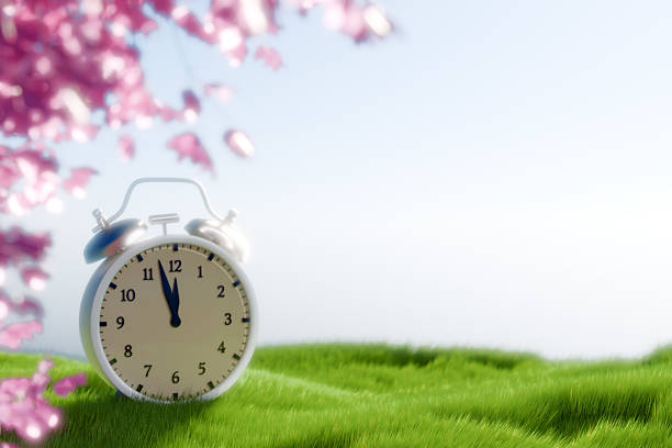 A vintage alarm clock sits on green grass under cherry blossoms, symbolizing springtime renewal, transitional change of time, seasons. 3d rendering