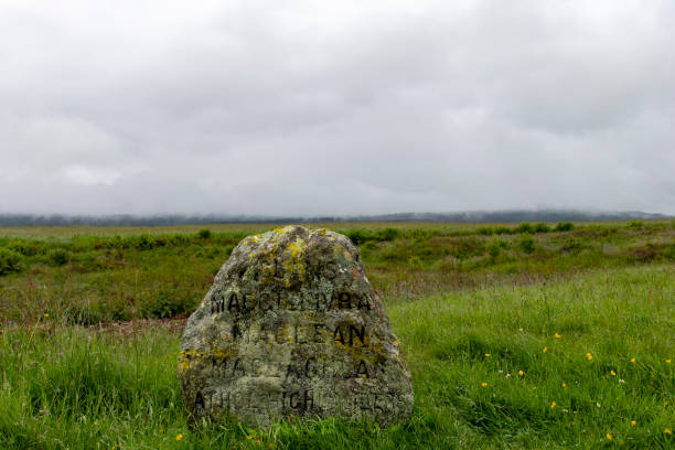 Culloden Moor, Inverness, UK-18 June 2024; In 1881 erected clan headstones on mass graves of fallen Jacobite soldiers on battlefield after Battle of Culloden near Inverness