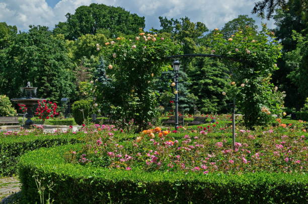 istock A beautiful relaxation area with a bench, a fountain and multi-, Bulgaria 2190833388