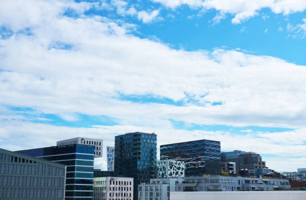 istock Modern buildings houses cityscape on blue sky background 2190833437