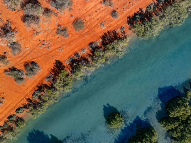 istock Aerial view of red soil and turquoise river. 2190835076