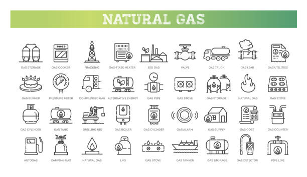ilustraciones, imágenes clip art, dibujos animados e iconos de stock de conjunto de iconos de líneas de gas natural. símbolos con gasoducto, tanques de combustible y gasolinera - gas natural