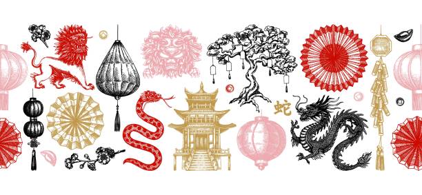 Chinese New Year decoration in sketch style. China seamless border on chalkboard. NOT AT generated