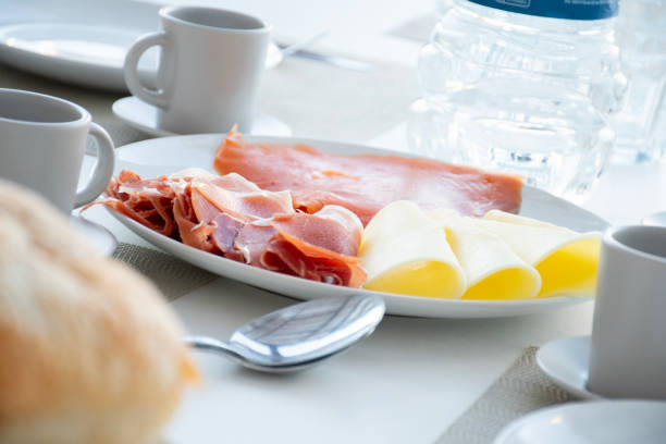 istock plate of breakfast cold cuts with smoked salmon, copa ham and cheeses on cafe table 2190839413