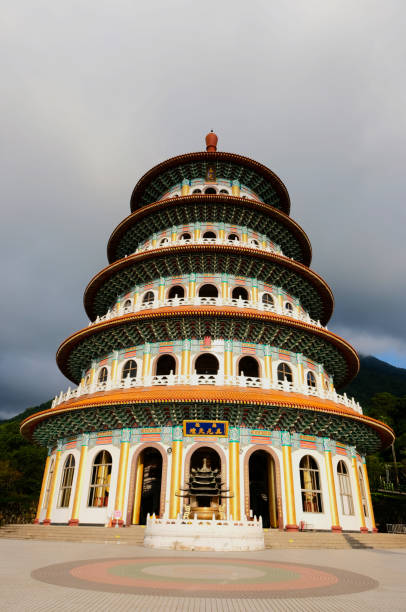 Monumental temple with a 5-tiered round pagoda, attracting huge crowds during cherry blossom season.