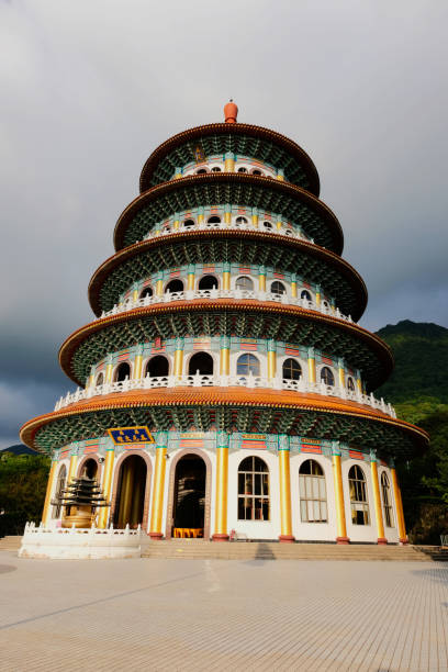 Monumental temple with a 5-tiered round pagoda, attracting huge crowds during cherry blossom season.