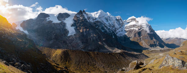 istock Panoramic photo Mera peak 6476m with glacier lakes and snowy summits covered in white clouds. Himalayas climbing route near the Khare settlement, Makalu Barun National Park trek in Nepal. 2190844766