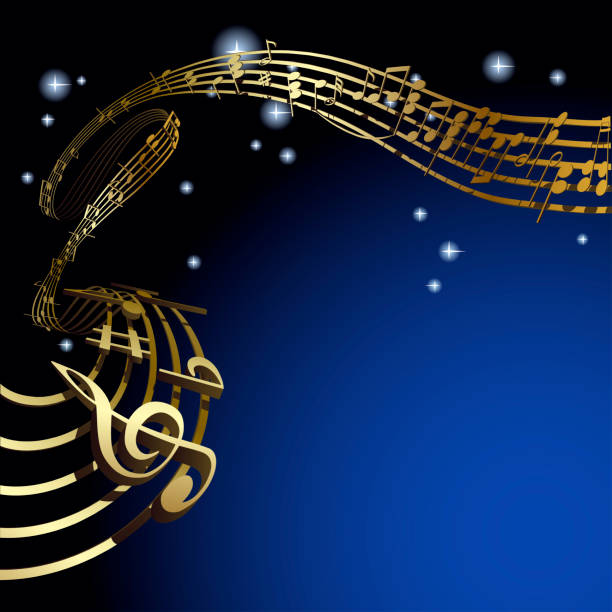 istock Template page design with gold ribbon of musical notes on winding lines in 3d style on dark blue space background with stars 2190849537