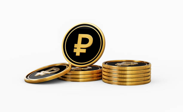 istock Sleek Golden And Black Russian Ruble Coins Rounded Coins Stack On White Background 3d Illustration 2190849797