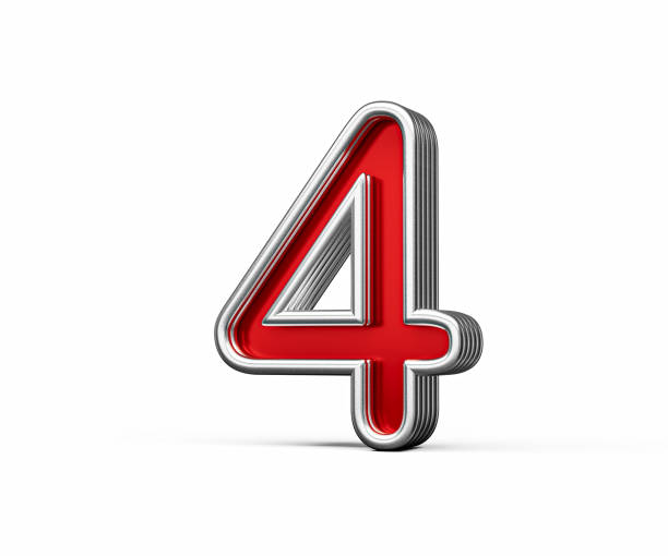 Vibrant Red Number Four 4 With Metallic Gleam And Beveled Edges On White Background 3D Illustration