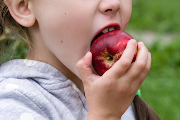 istock Child eating a red apple outdoors 2190850794