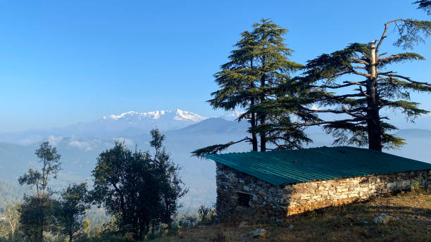 istock beautiful mountain cabin with pine trees and snow clad himalayan mountains 2190852891