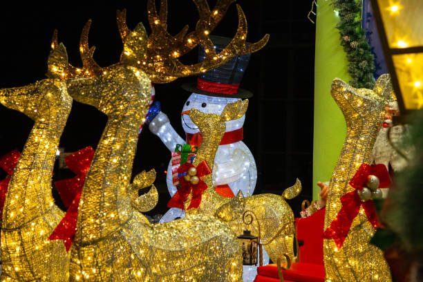 istock Christmas Light Decorations at Night - snowman and reindeer 2190852997