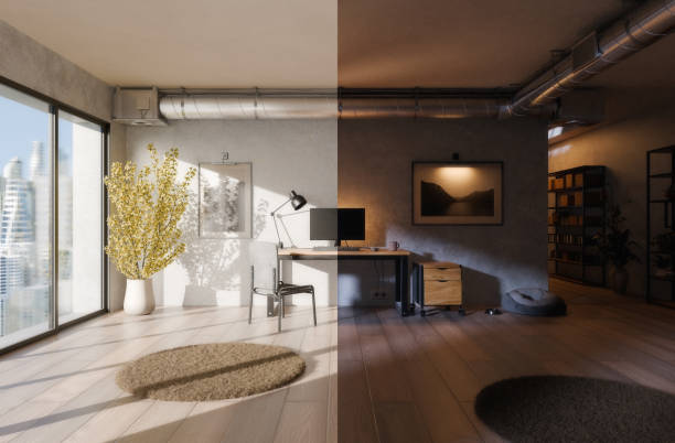Day and night split screen of modern minimalist workspace