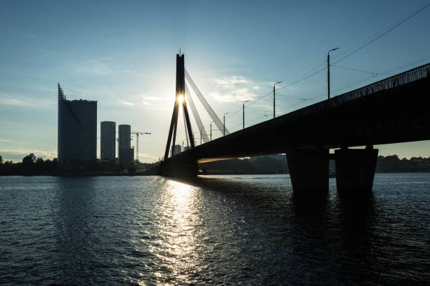 Silhouette of the Cable-stayed Bridge in Riga, Latvia