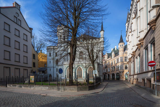 Medieval building at Livu Square in Old Riga on a summer morning