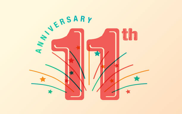 Red 11th anniversary logo with fireworks in color overlay. Eleventh year anniversary celebration. Retro Style. Vetor illustration.