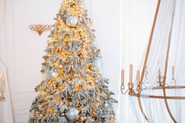 istock Festive Christmas tree decorated with silver ornaments 2190873574