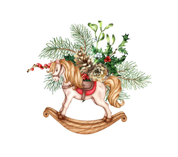 istock Rocking horse with fir branches watercolor 2190874959