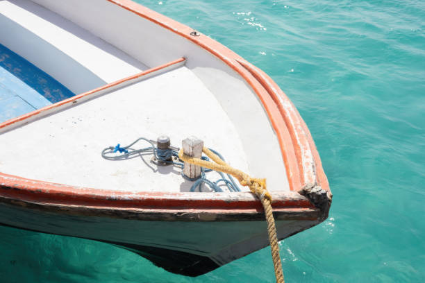 A serene image of a boat gently moored in clear turquoise tropical waters, evoking feelings of calm and relaxation. the bright sunlight glimmers on the water, the boat's sleek lines and the contrasting blue and white hues. perfect for travel advertisements, greeting cards, or nautical-themed designs, this scene essence of a peaceful summer getaway. ideal for inspiring wanderlust and adventures at sea.