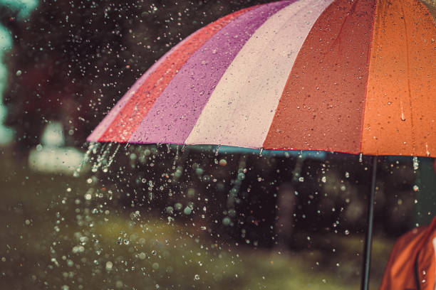 istock Bright colored rainbow umbrella in the rain autumn weather 2190895530