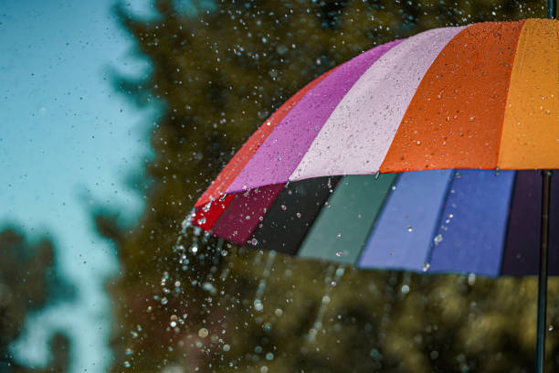 istock Bright colored rainbow umbrella in the rain weather 2190895531