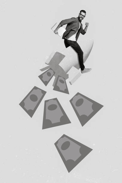 istock Vertical collage image of excited funny black white effect guy flying rocket dollar banknotes bills isolated on painted background 2190909914
