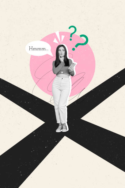 istock Trend artwork poster composite sketch image collage of human resources worker young lady stand route choice think question hold smartphone 2190913382