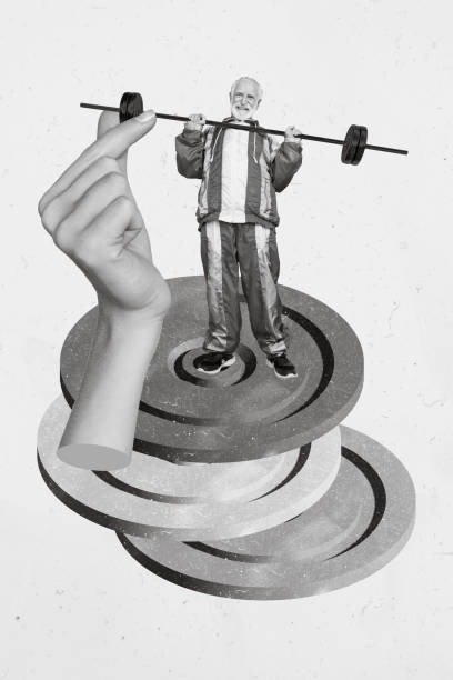 istock Vertical collage image of black white colors hand help mini grandfather lifting barbell isolated on creative background 2190914624